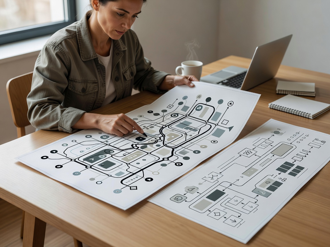 Destination planner studying a wayfinding map and information system layout