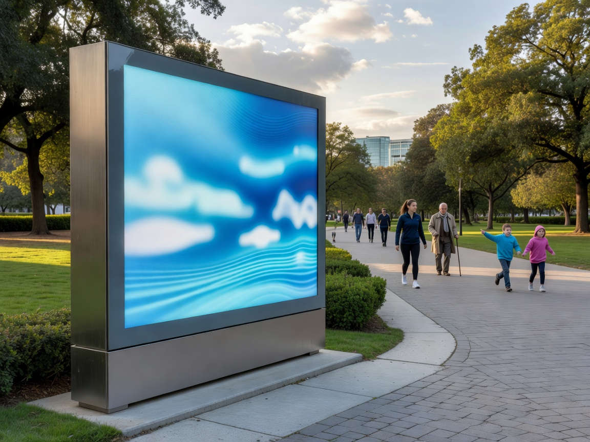 Outdoor digital visitor display beside a pedestrian route