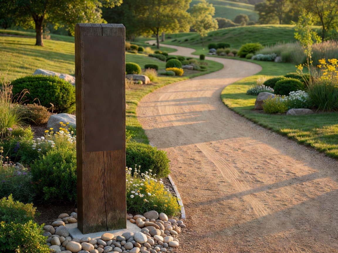 Pedestrian wayfinding sign beside a landscaped walking route