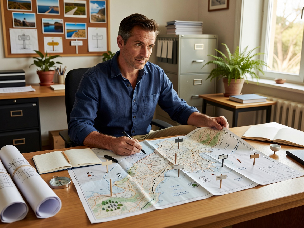 Planner reviewing a destination information map and sign locations